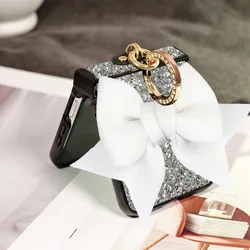 Custodia per telefono con supporto per anello simile a diamante glitterato, con fiocco carino e copertura lucida