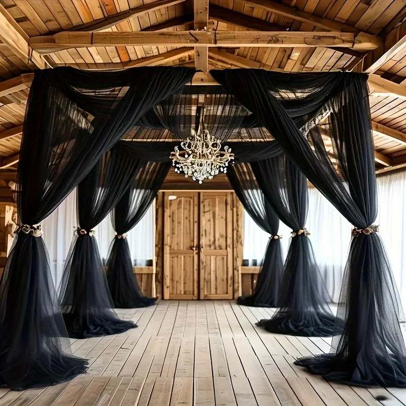 2 Stück 8 Meter schwarzer Polyester-Tüll-Drapierstoff für Hochzeiten, Bögen, Geburtstagsfeiern und Bühnendekoration, Weihnachten, Halloween, St. Patrick's