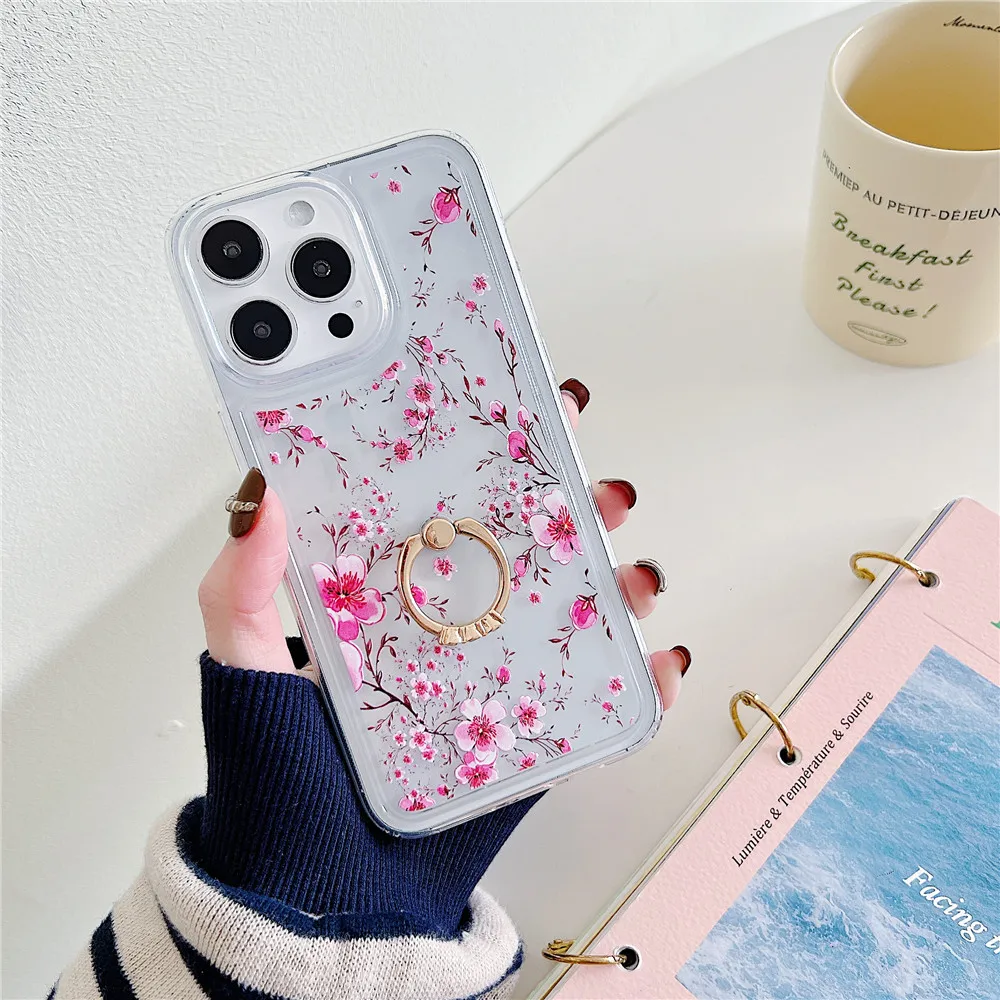 Coque de téléphone transparente avec porte-fleurs de Style coréen, étui Transparent pour iphone 15 14 12 13 11 Pro Max Plus, support Floral mignon pour fille_voghion.com