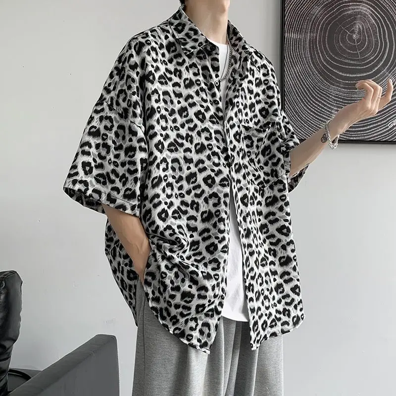 Fashion Casual Streetwear Korean Leopard Loose Button Handsome Shirts Spring Summer Thin Men's Clothing Turn-down Collar Tops