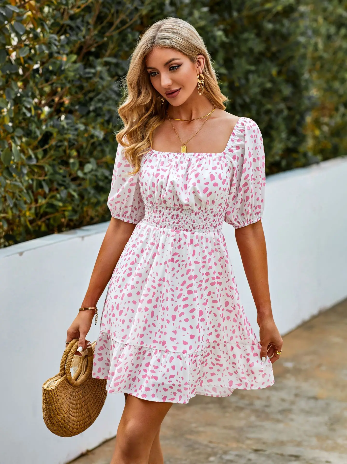 

Summer new fashion print sexy backless short sleeve dress for women
