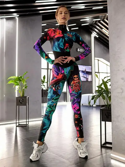Oshoplive Women Fashion Colorful Printed Zipper Sports Jumpsuit 2024 New Long Sleeves Fitness Gym Yoga High Waist Jump Suits 1