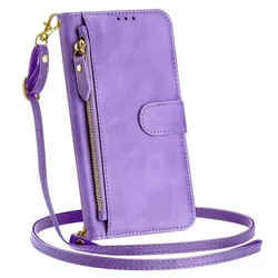 Premium Crossbody Zipper Leather Wallet Case for MotoEdge70FusionPlus (Purple - Long Strap)