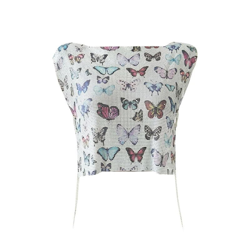 

YOUR BUMP CURVE Shiny Butterfly Metal Sequins Stitching Rhinestone Chain Hollow Short Top Fashion Women's Camping Tent