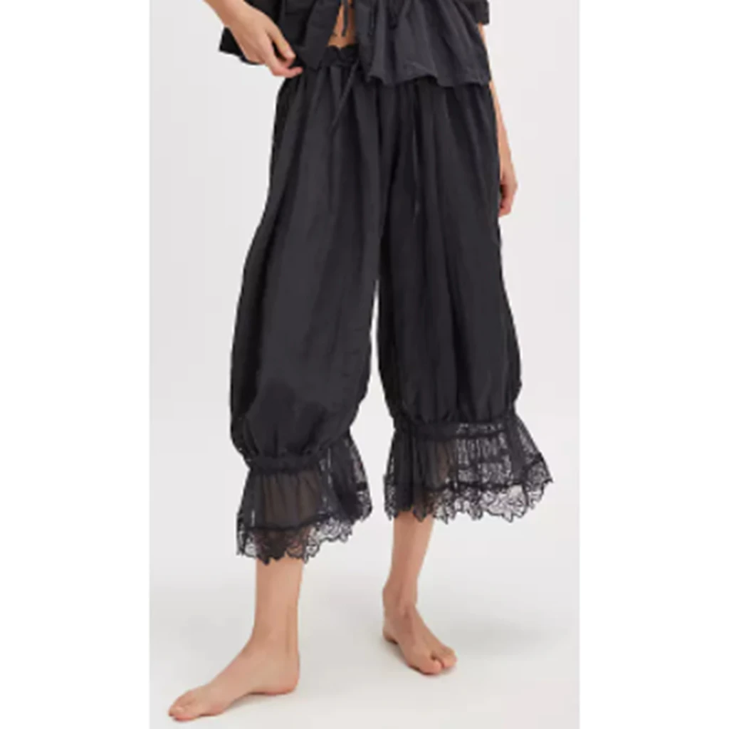Combhasaki Women's Y2K Loose Fit Bloomers Cropped Pants Drawstring High Waist Floral Lace Patchwork Calf-Length Lantern Trousers 4