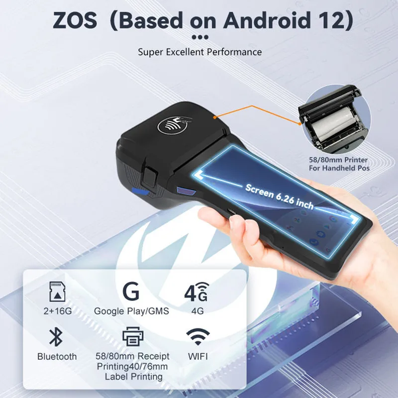 Z93 4G 안드로이드 14 POS 단말기 6.26인치 터치스크린 모바일 결제 현금 등록기 NFC 바코드 스캐너 80mm 감열 프린터 탑재