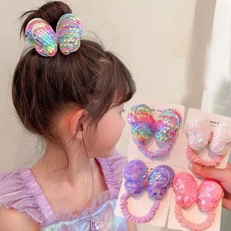 

7pcs Children sequins bow knots hair loops Girls tie high ponytail headbands baby gradient rubber bands hair accessories