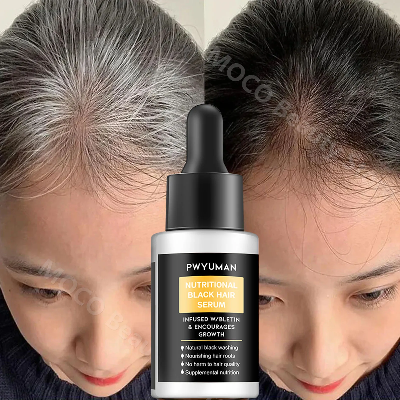 Description Picture 2 of itemGray White Hair Treatment Serum Liquid White To Black Natural Color Repair Products Anti Loss Nourishing Hair Care For Men Women
