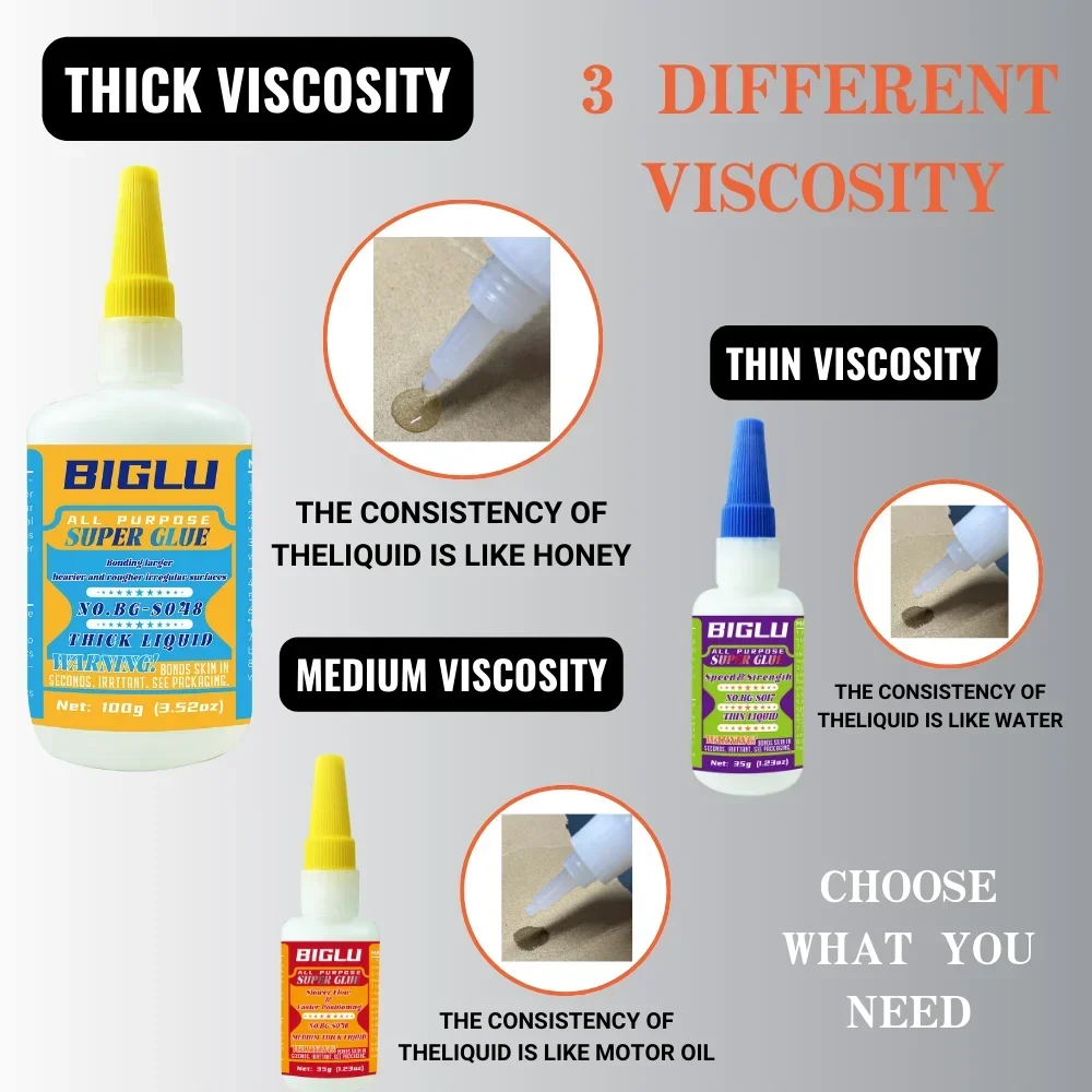 Trois flacons de colle cyanoacrylate THIN pour modélisme, 10g, 20g et 35g, alignés sur une surface métallique.