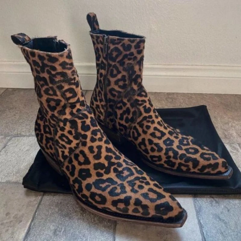 Men Leopard Print Booties Western Shoes Side Zipper Pull on Boots
