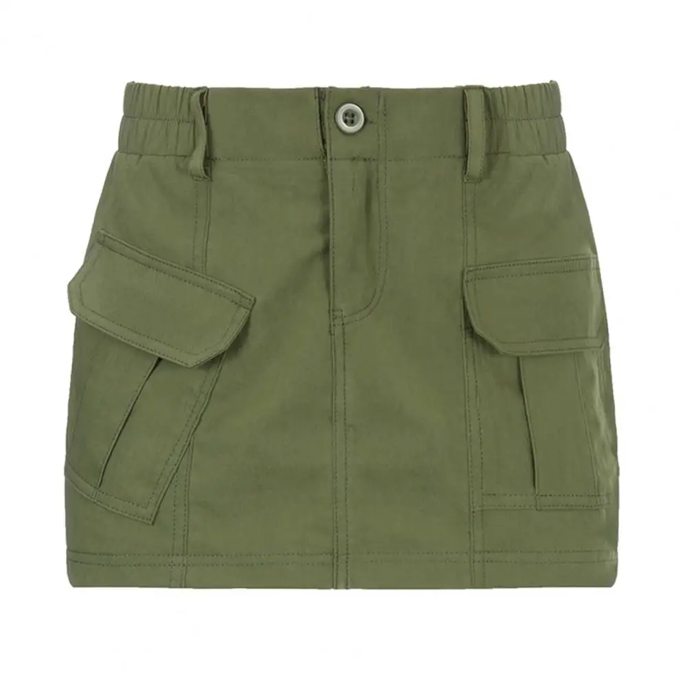 

Women Cargo Mini Skirt Hight Elastic Waist Clubwear Streetwear Vintage 90s Solid Color Flap Pocket Casual Clothes Short Skirt
