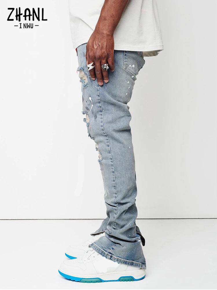 England New Design jeans Men Paint Slim Fit Cotton Ripped denim pants Biker  Skinny Distressed knee damage light blue jeans