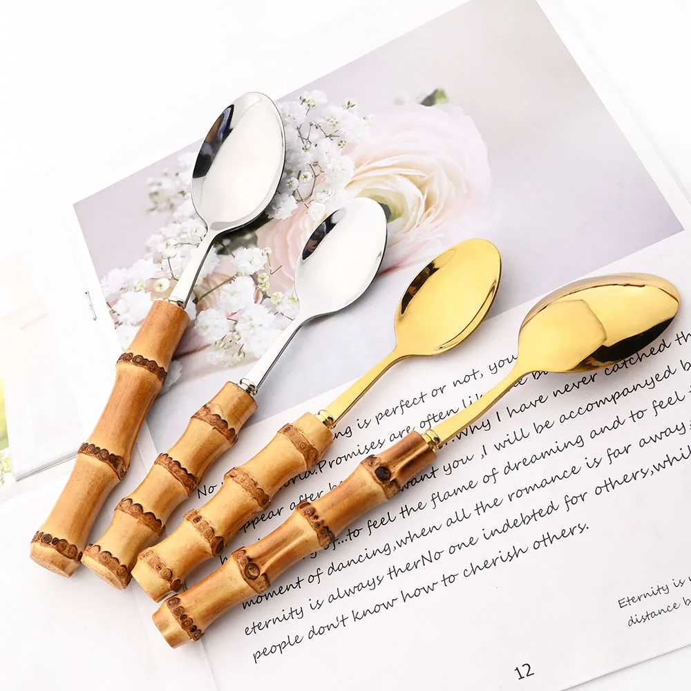 Description Picture 6 of itemWestern Flatware Set 4/20Pcs Knife Tea Fork Spoons Tableware Stainless Steel Cutlery Set Natural Bamboo Handle Dinnerware Set