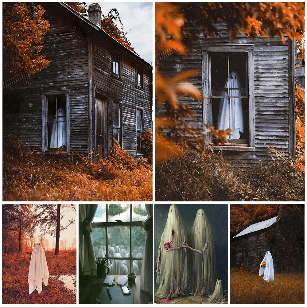 

Ghost House And Sheet Ghost In Autumn Vintage Wall Art Canvas Painting Ghosts Outside The Window Art Poster And Print Home Decor