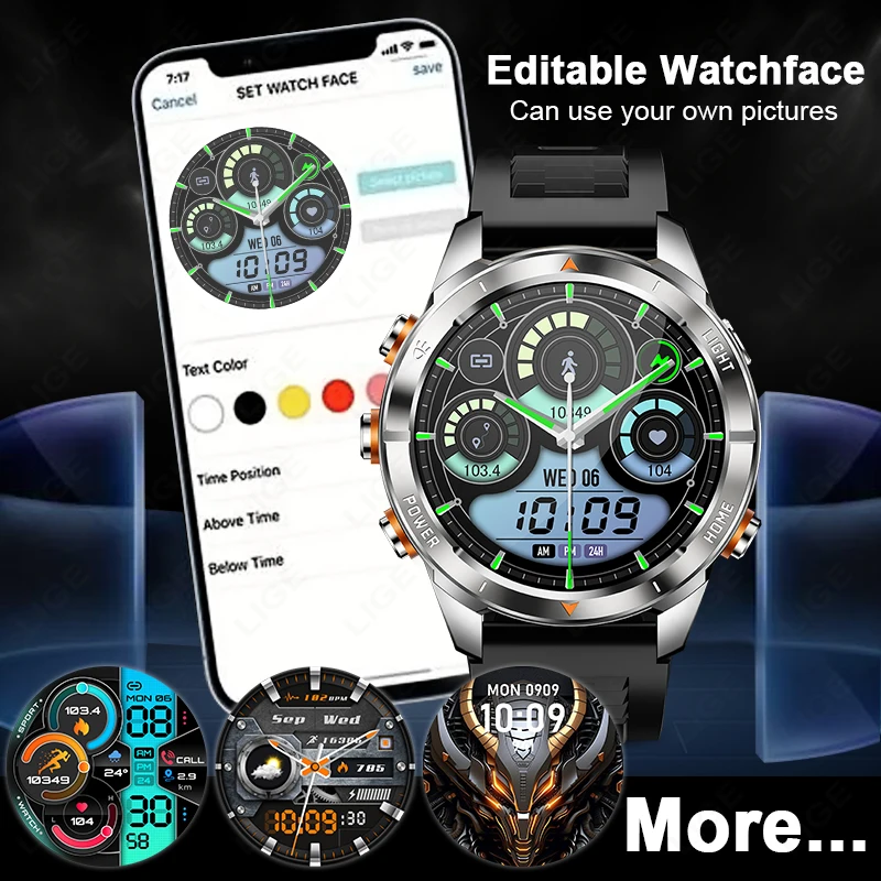 LIGE New Men Smartwatch Military 515mAh Battery Flashlight UV Lamp Heart Rate Health Monitor BT Call Smart Watch For Android IOS