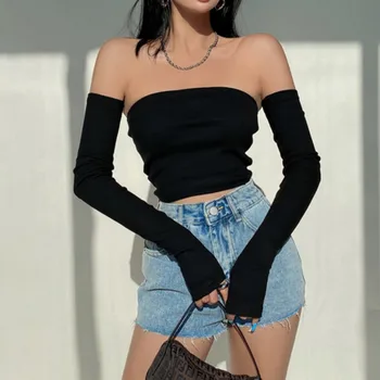 여성용 크롭탑 티셔츠, 모노크롬 보트넥, 오프숄더, 섹시한 풀오버, 긴팔, 클럽웨어, 여름