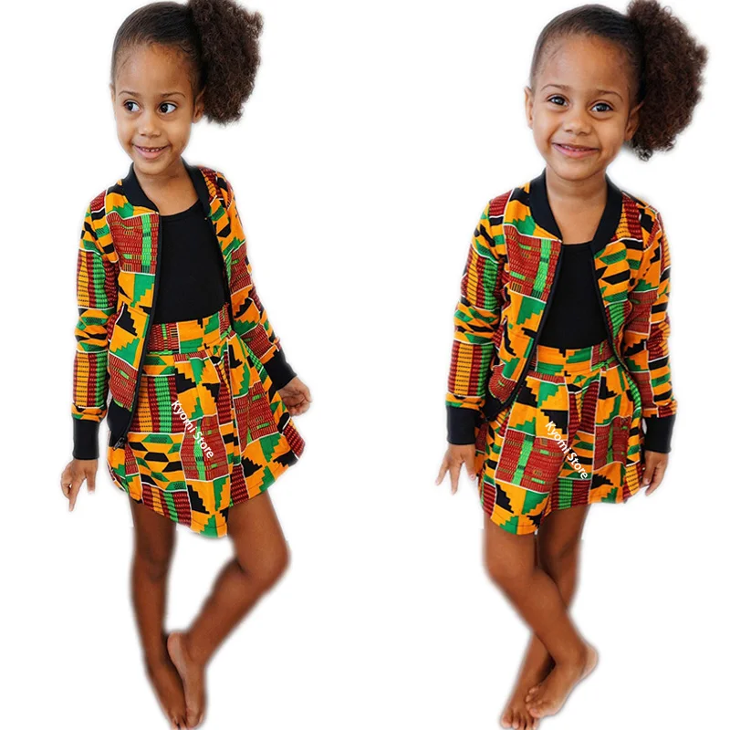 

2Pcs Set African Dresses Kids Fashion Print Girls Zipper Coat Skirts Dashiki Bazin Fashion Children Riche Ankara African Clothes