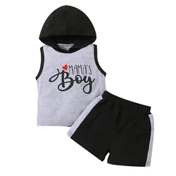 Ensemble de vêtements pour bébés garçons, gilet à capuche sans manches avec lettres imprimées, short à taille élastique, tenue d'été en coton 