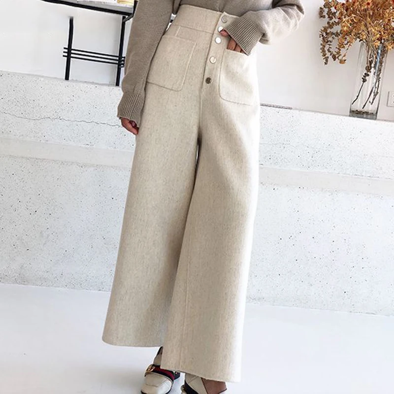 

Office Lady Woolen Wide Leg Pants Women High Waist Baggy Trousers Korean Style Oversized Loose Button Wool Blend Sweatpants 2024