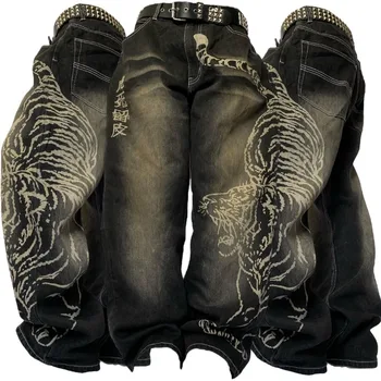 2025 Fashion New Oversized Pattern Printing Baggy Jeans Men Y2K Street Vintage Rock Casual Straight High Waist Wide Leg Trousers 1