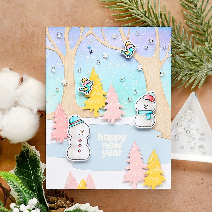 2025 neue Ankunft Winter Grove Baum Hintergrund Vogel Schnee Messer Form Metall Schneiden Stirbt für DIY Scrapbooking Karte, Der Schablonen – Detail 2