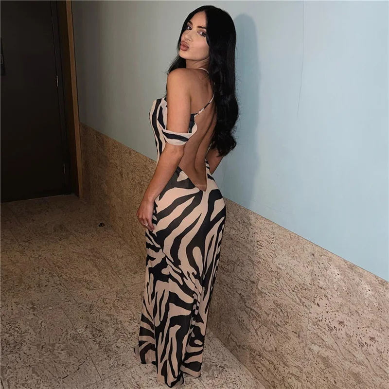

Zebra Striped Women Long Maxi Dress Off Shoulder Sexy Mesh High Slit Dresses 2023 Summer Workout Activewear Club Party Vestidos