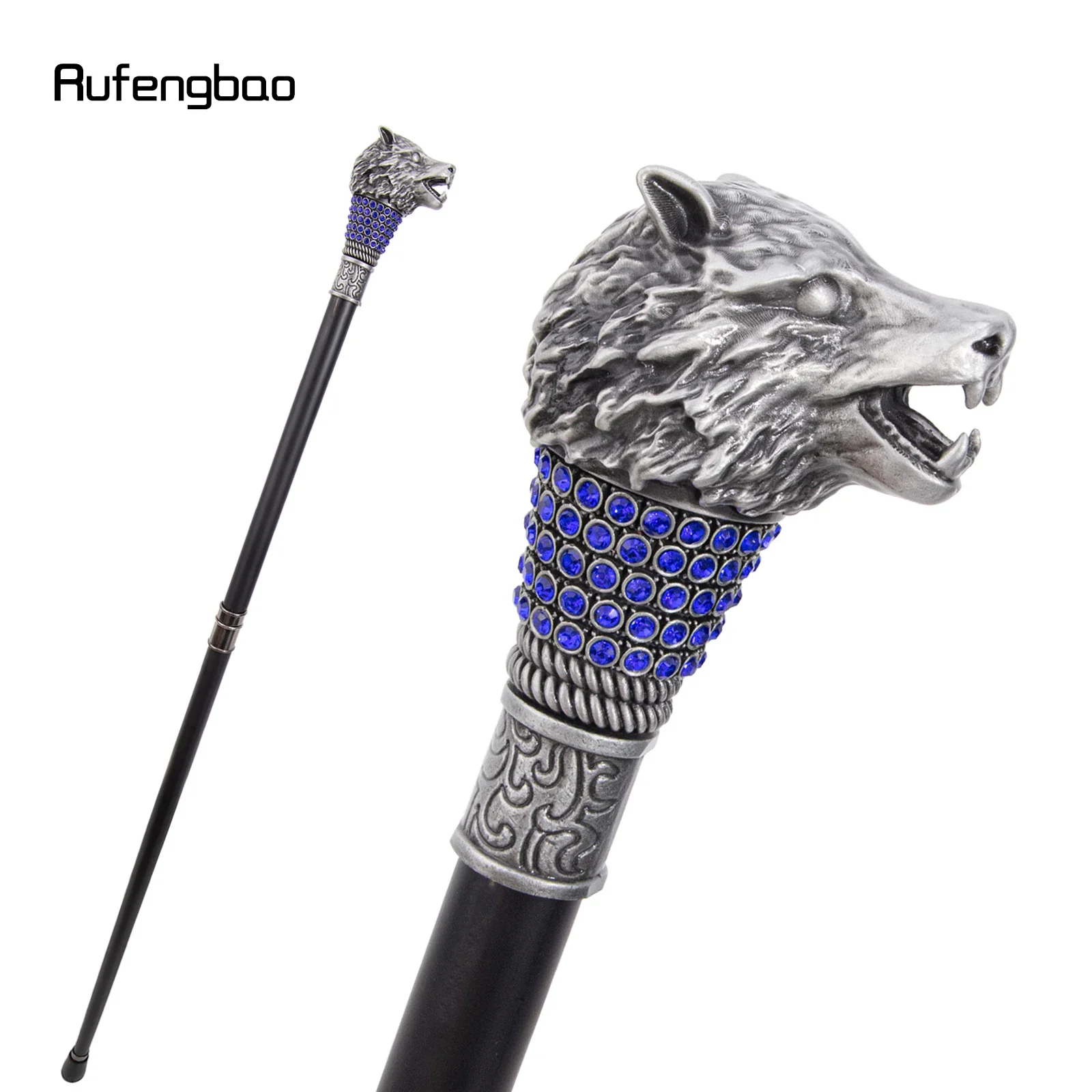 Golden Blue Wolf Head Decorative Stick Parties Decorative Cane for Halloween for Cosplay and Parties Cane 93cm