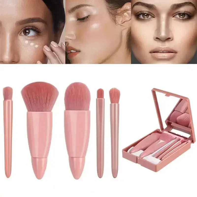 5pcs Mini Makeup Brushes Small Function Kit Complete Brushes Set Cosmetic Brushes With Case And Mirror Travel Size Makeup
