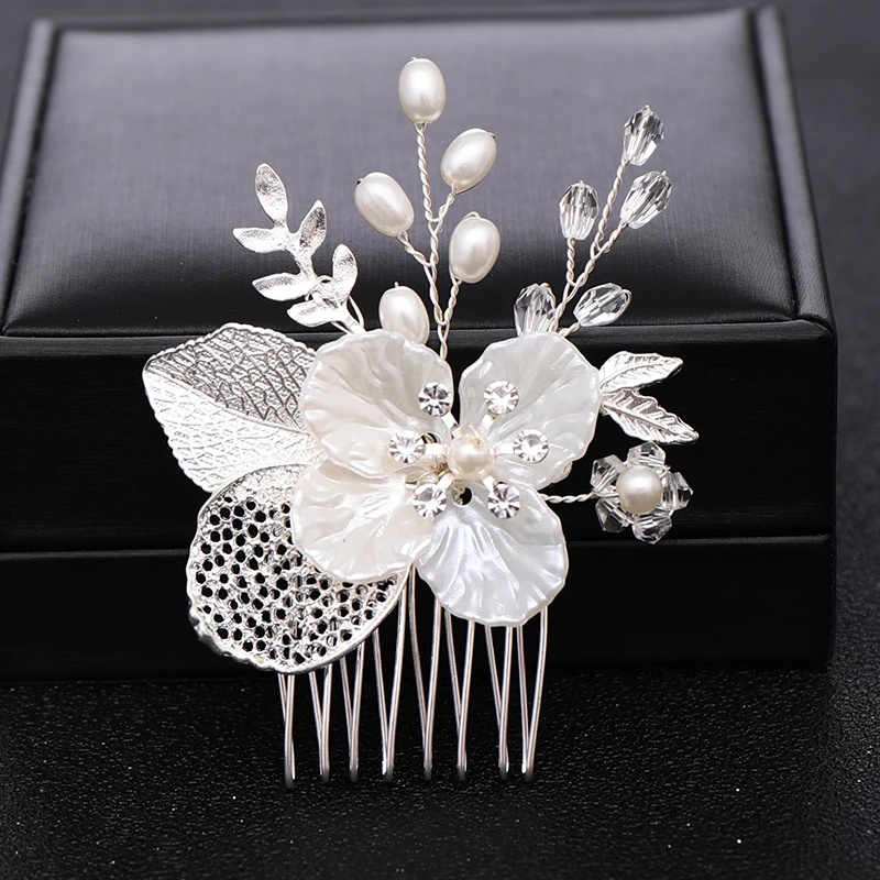 Gold Or Silver Pearl Flower Leaf Crystal Hair Comb Pin Band For Women Bride Wedding Bridal Hair Accessories Jewelry Comb Gift