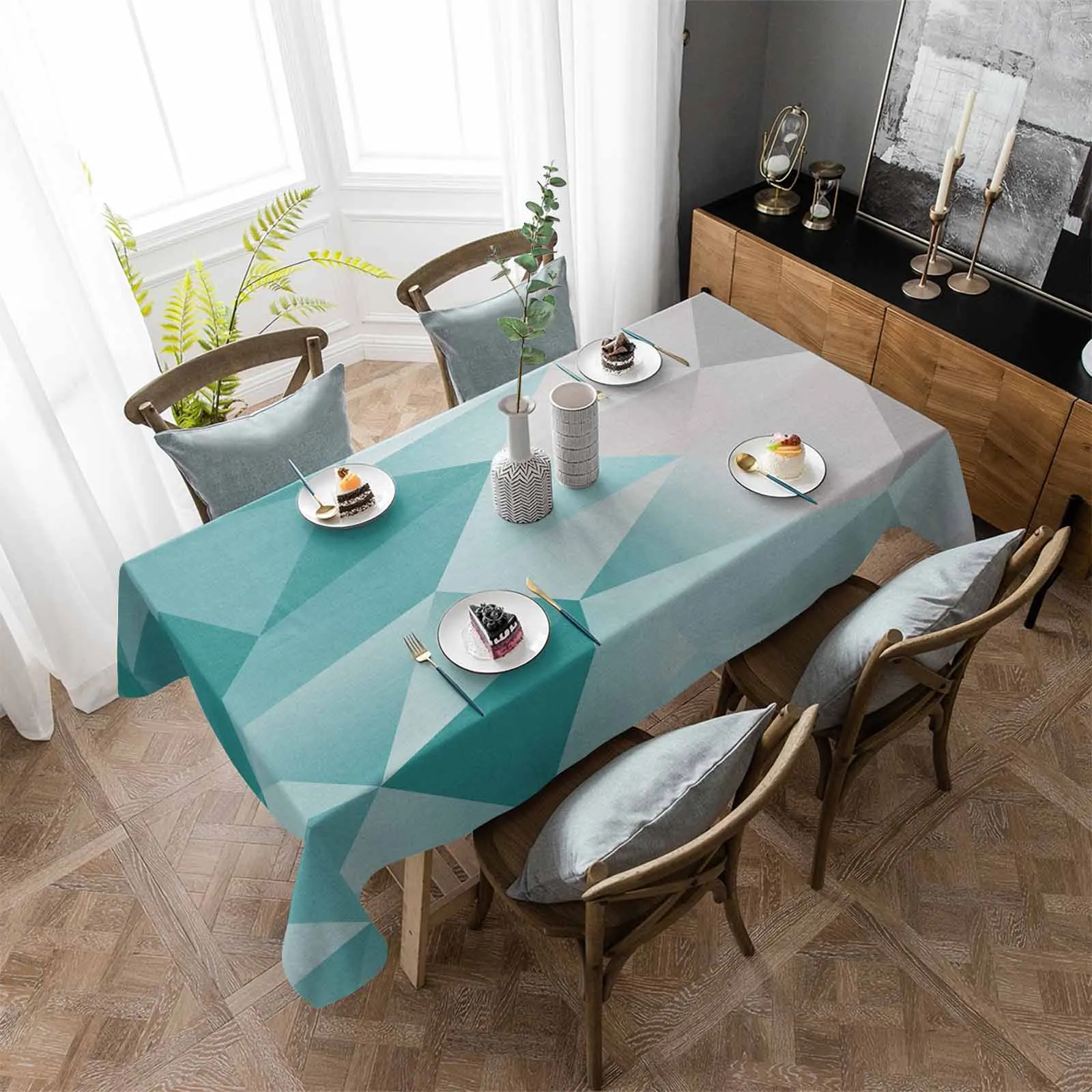 

Абстрактная градиентная синяя зеленая серая треугольная Водонепроницаемая скатерть, фотодекоративная прямоугольная скатерть для кухонного стола, декор для кухонного стола