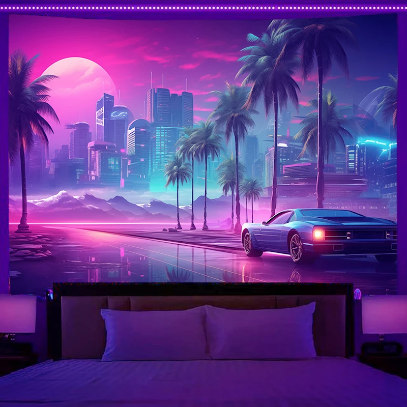 

Fluorescent tapestry neon city racing landscape cyberpunk wall hanging bedroom room party hippie decoration background cloth