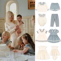 2025 Summer KS Children Clothes Set Boys Cool Navy Style Shirt Pants Girls Preppy Dress Baby Kid Soft Romper Shorts Outfit Suit