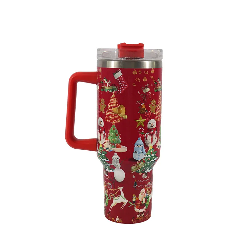 1pc 1200ml/40oz Portable Engraved Christmas Tumbler 2.0 With Handle,  Stainless Steel Insulation Cup With Straw