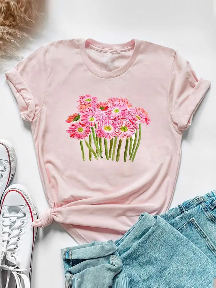 Sweet Watercolor Flower 90s Clothing Short Sleeve Tee Top Summer Graphic T Shirt Women Fashion Casual Female Print T-shirt