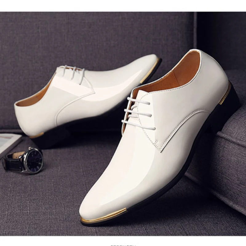 

Men Premium Patent Leather Shoes White Wedding Shoes Size 38-48 Black Leather Low Top Soft Men Dress Shoes Solid Color 2023 New