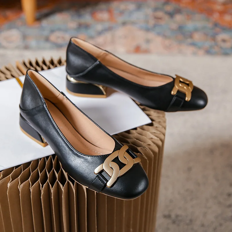 Plus Size 33-43 Women Gold Metal Buckle Leather Shoes Low Heel Round Toe Pumps Office Lady Soft Soles Slip on Shoes