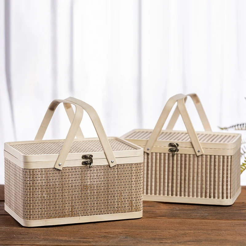 1pc Bamboo Fruit Basket, Outdoor Handheld Picnic Basket, Food Storage Basket, Kitchen Accessories, Kitchen Decor, Home Decor, 2
