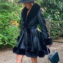 2021 Side Pockets Jackets Elegant Solid Faux Fur Jacket Women Fashion PU Leather Tie Belt Waist Long Coats Female Overcoat Lady