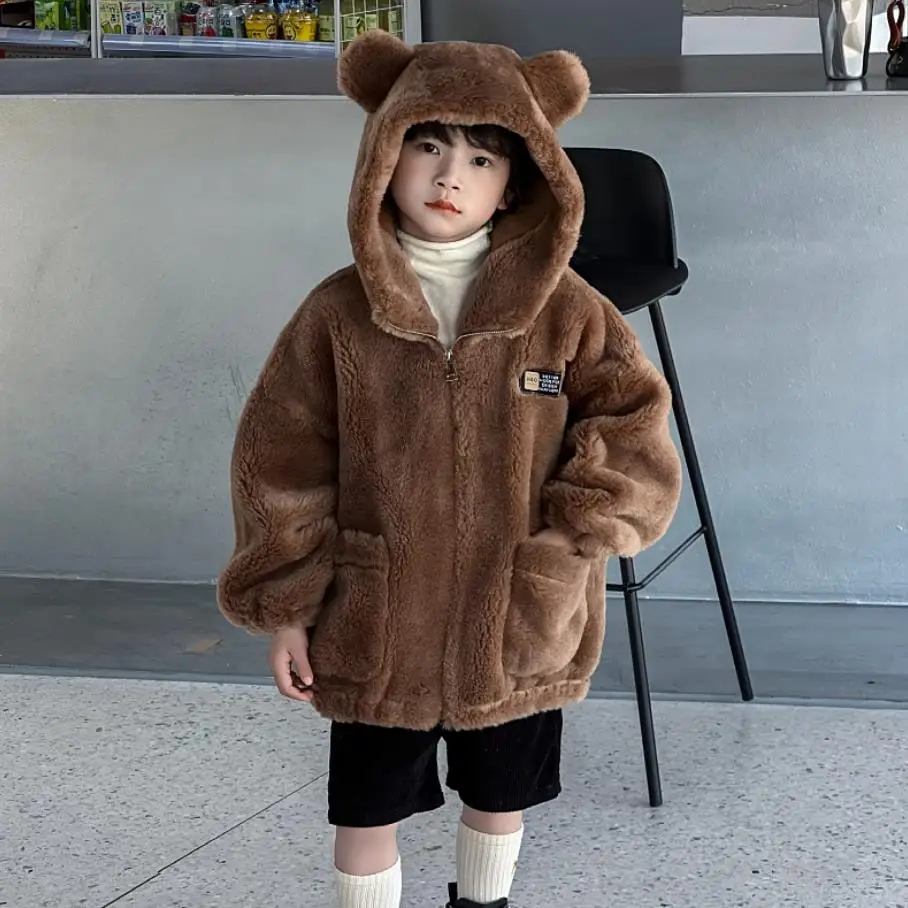 

100% Wool Coat Winter New Children's Hooded Warm Outerwear Fur Boys Girls Lambswool Jackets Overcoat A3071