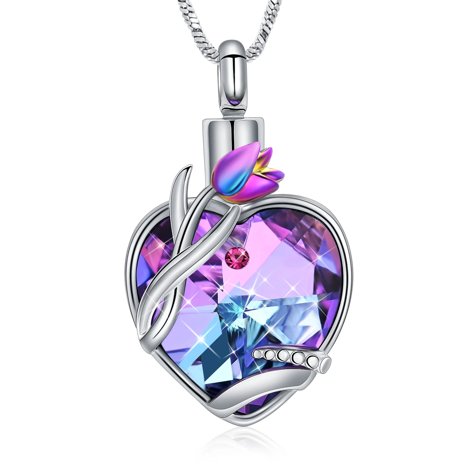 3-Piece Cremation Urn Necklace Set With Angel Wing, Ocean Crystal & Birthstone - Stainless Steel Memorial Jewelry