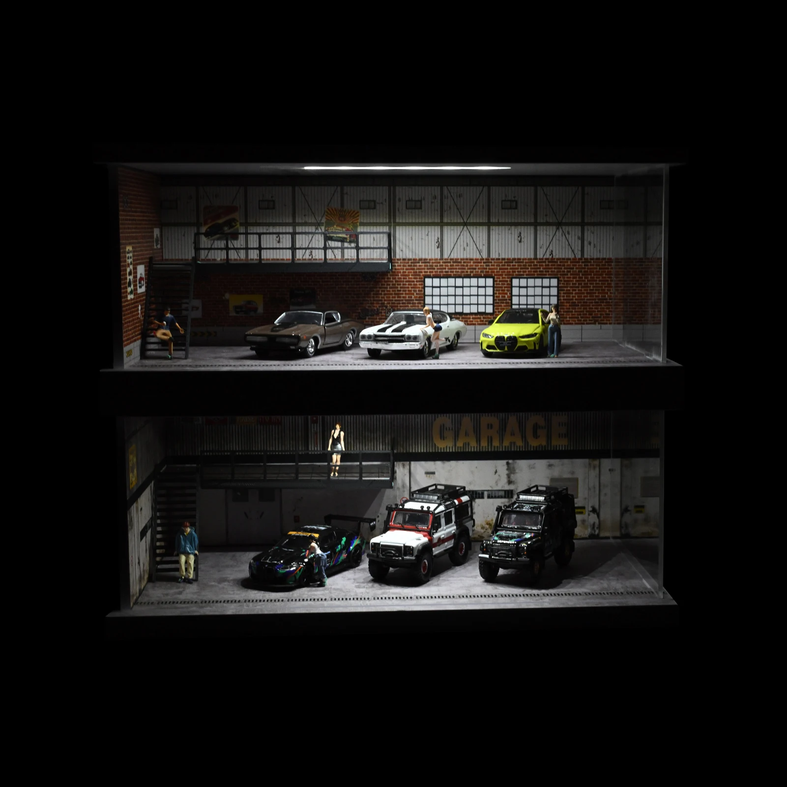 ジオラマ 1/64 ガレージモデル LED ライト車修理店ショールームシーン