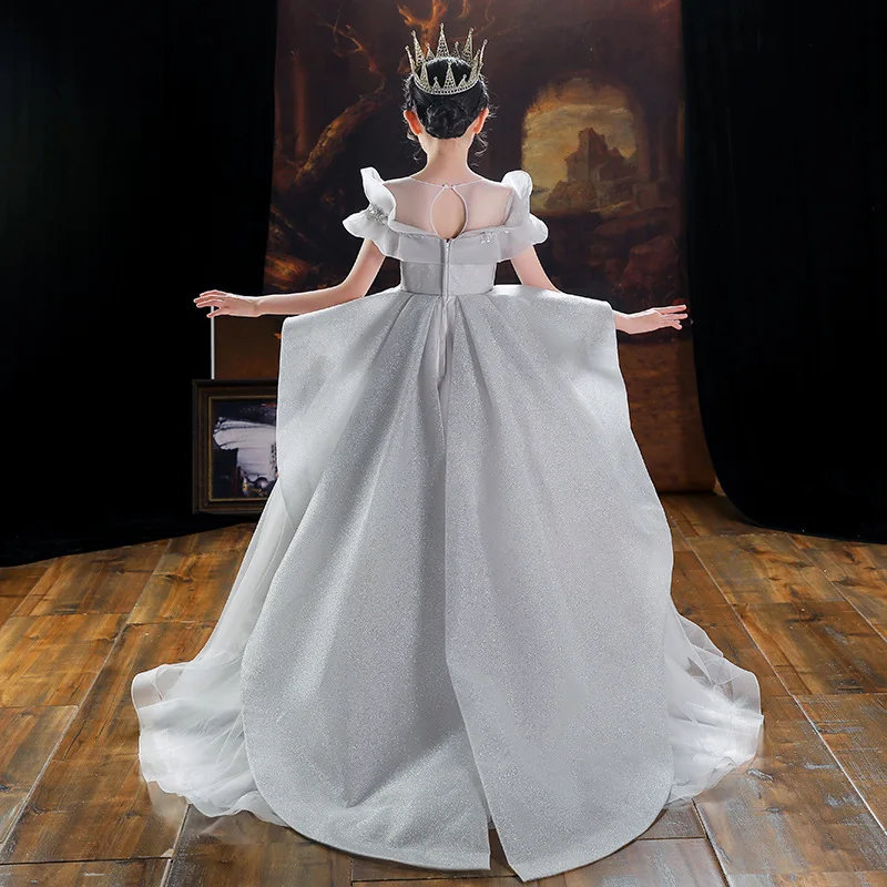 Elegant Girls White Wedding Children Clothing Princess Sleeveless