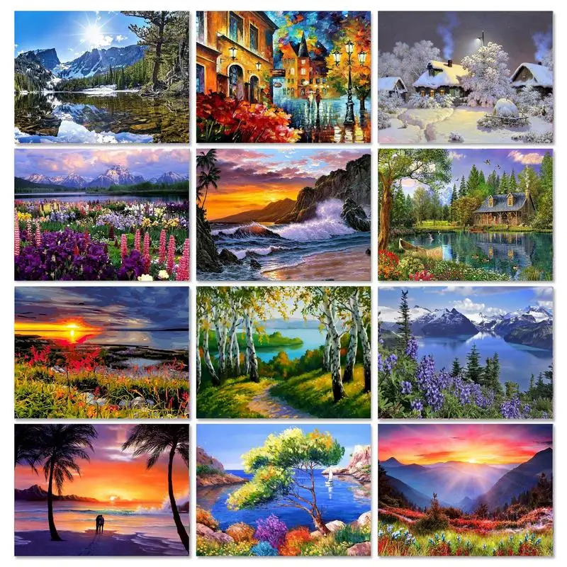 

GATYZTORY Four seasons landscape Painting By Numbers For Adults Frameless Scenery DIY Paint By Numbers On Canvas Home Decor