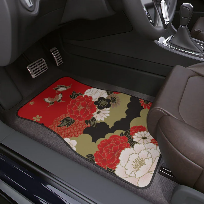 Japanese Flowers Car Mats, Japanese Red And Black Car Accessories Car