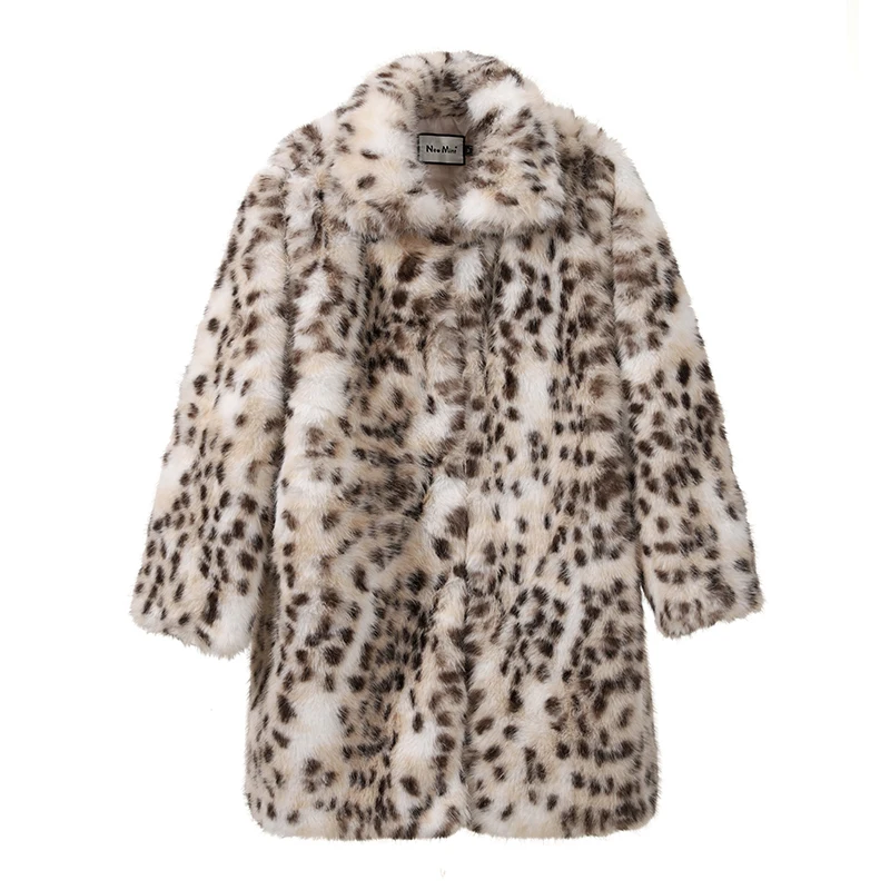 Winter Brown Leopard Fluffy Faux Fur Coat Women Luxury Stand Fur Collar Fox Fur Outerwear Jacket Female Overcoats