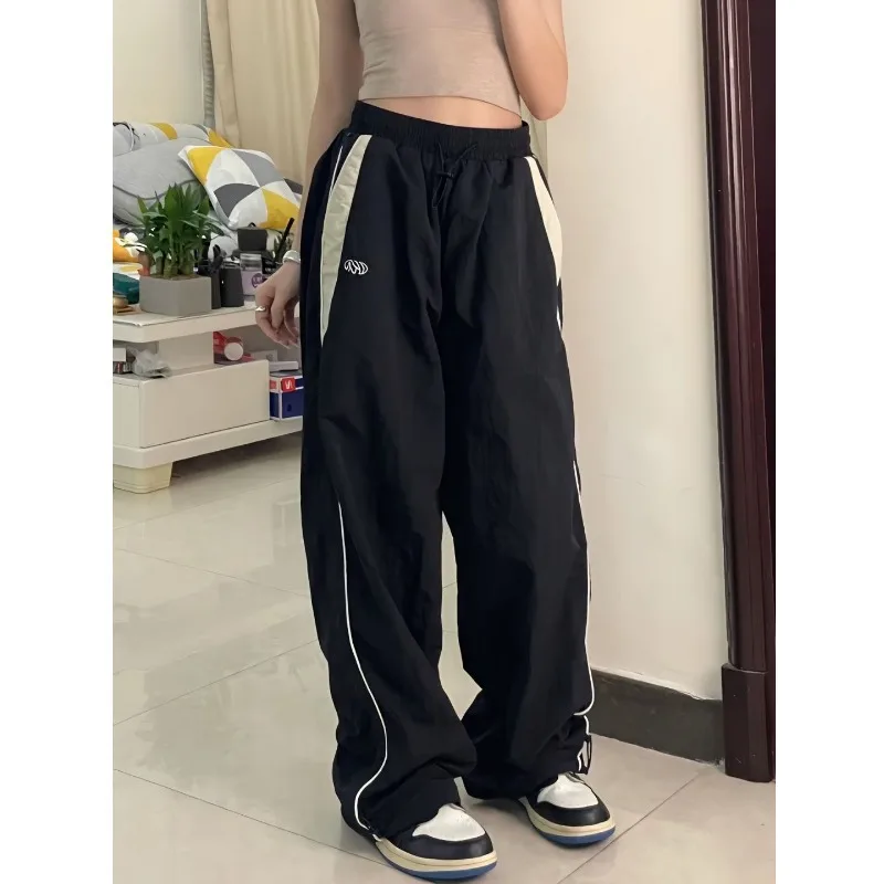 

Retro Street Casual Leggings, Hip-hop, Elasticated Waistband, Panelled Sweatpants, High-rise Loose Straight-leg Wide-leg Pants