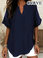 Plus Size 1XL-5XL Women's Fashion Solid Color Notched Top Ladies Casual Short Sleeve Summer V-Neck Blouse Shirt Tops - Image 2