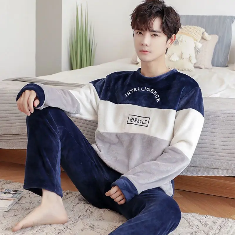 

Autumn Winter Warm Sleepwear Flannel Pajamas Sets Coral Fleece Loungewear Long Sleeve Long Pants Nightwear Loose Casual Pajamas