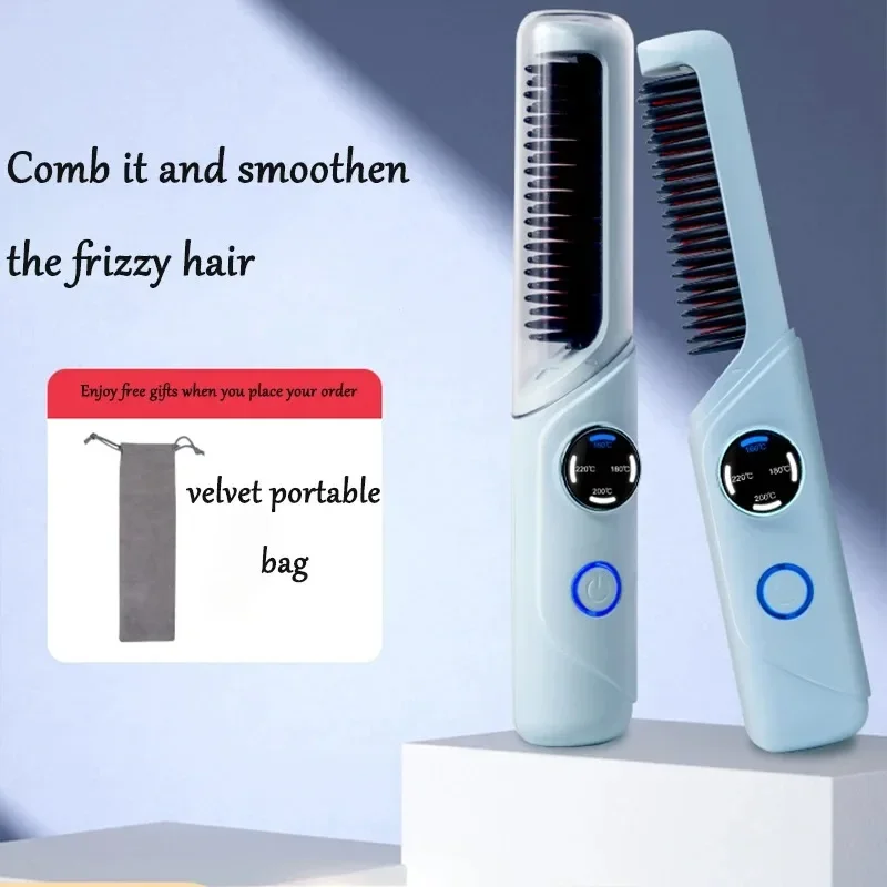 Hair Straightener Brush USB Rechargeable Cordless Negative Ions Hot Brush Electric Fluffy Curly Hair Styling Detangling Comb