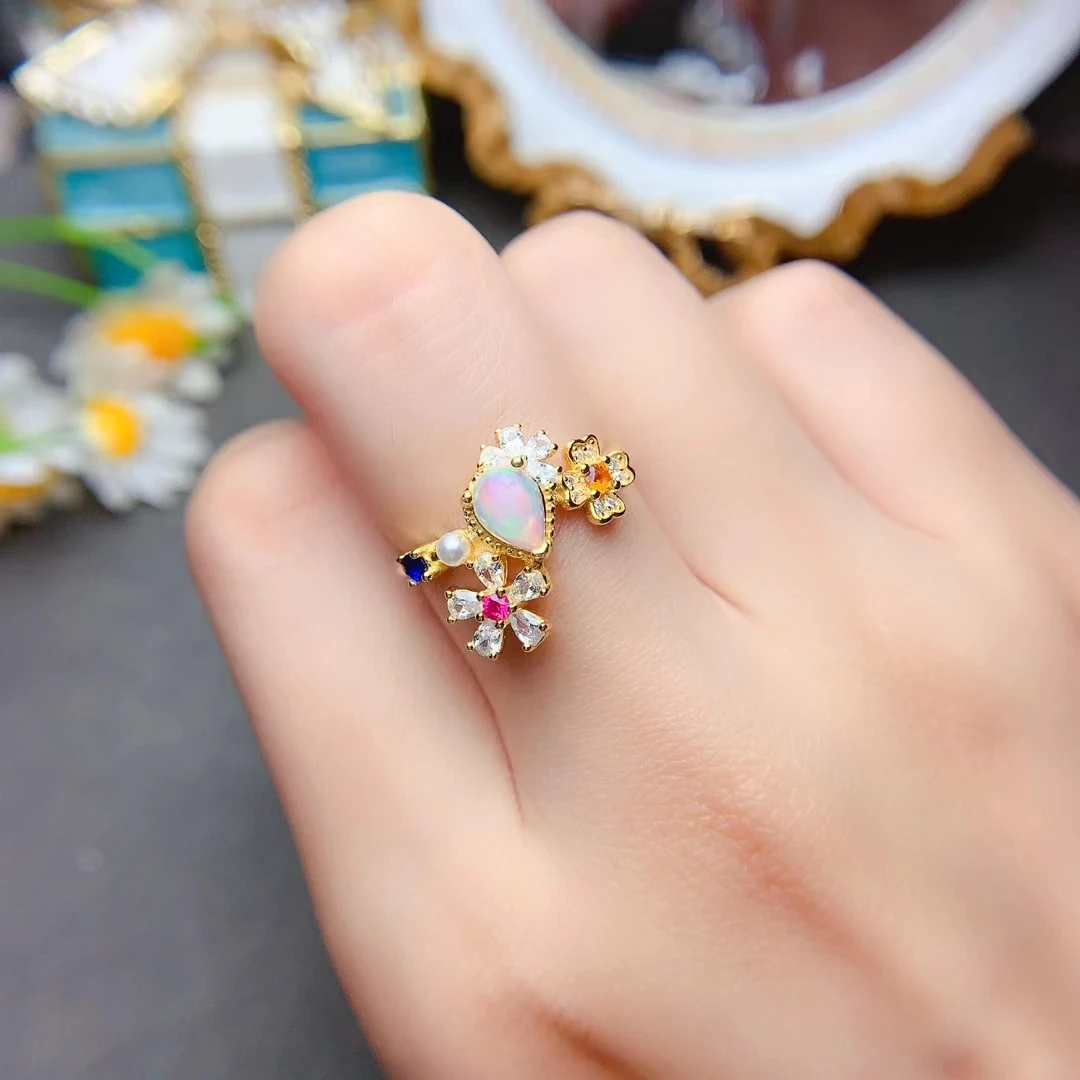 MeiBaPJ 5mm*7mm Natural Opal Gemstone Fashion Colorful Ring for Women Real 925 Sterling Silver Charm Fine Wedding Jewelry